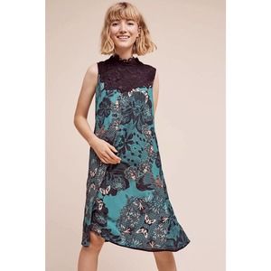 Anthropologie Maeve Swing Dress S Teal Butterfly Swan Lace High Neck Silk Rayon